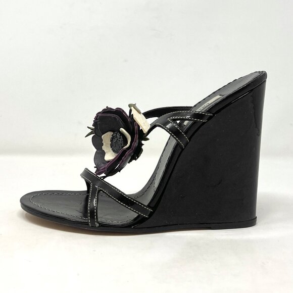 Prada Black Patent Leather Wedge Sandals with Floral Detail, Size 38 - Picture 1 of 8